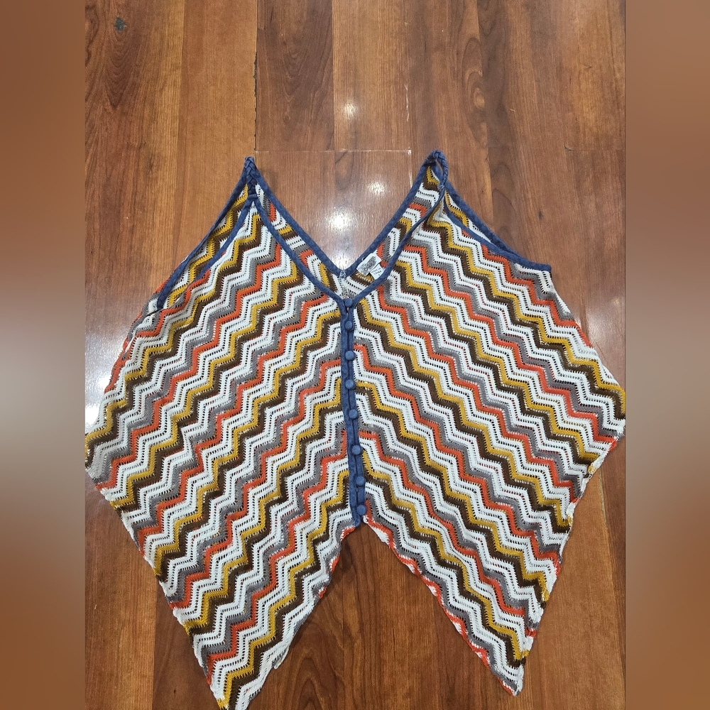 Vtg Crochet Knit Chevron Multicolor Tank Top Camisole Handkerchief Style Hem Y2K